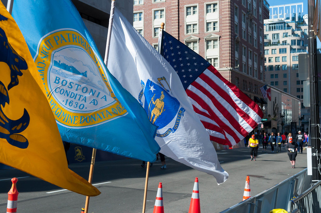 Boston Marathon Finish Line with Flags