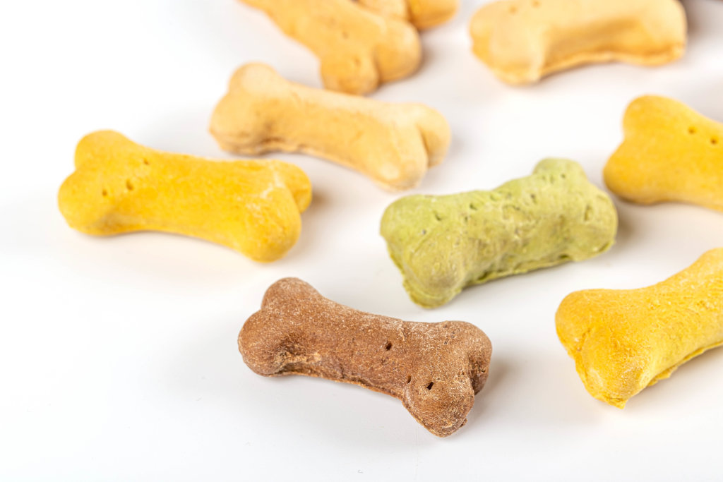 Doggy snacks in the form of bones on a white background