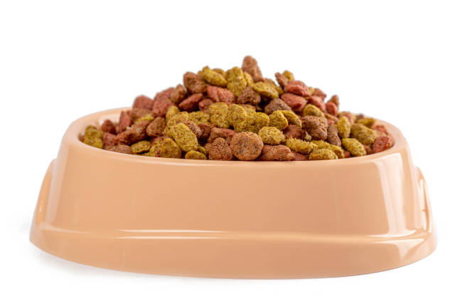 Pet food in bowl on a white background