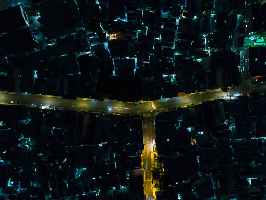 Top View Drone Photo of Bui Vien Walking Street with many Lights in several Alleys in District 1 in Ho Chi Minh City, Vietnam