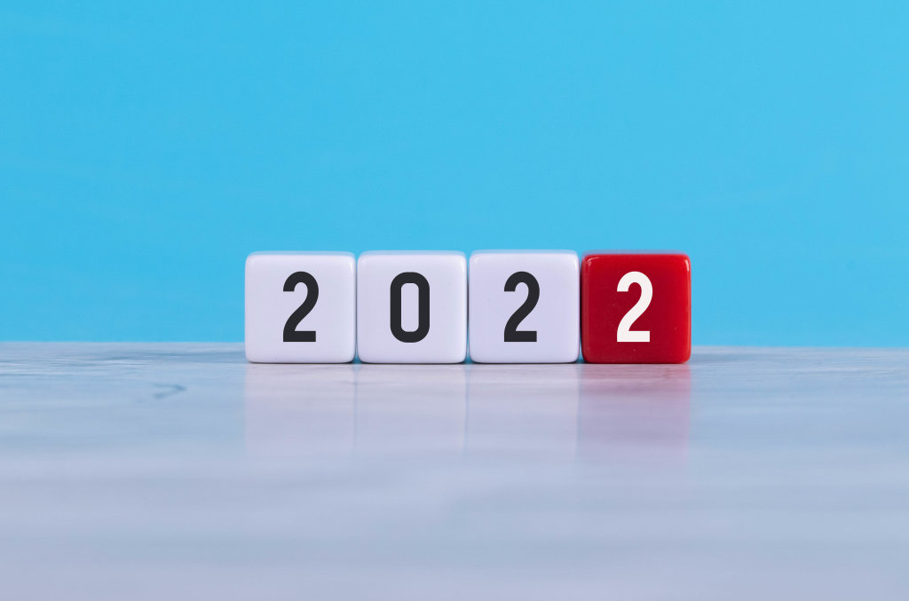 2022 text on white and red cubes