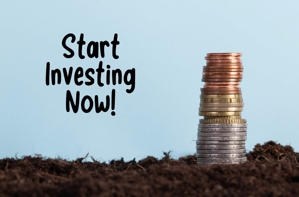 Coin stack on a dirt and Start Investing Now text