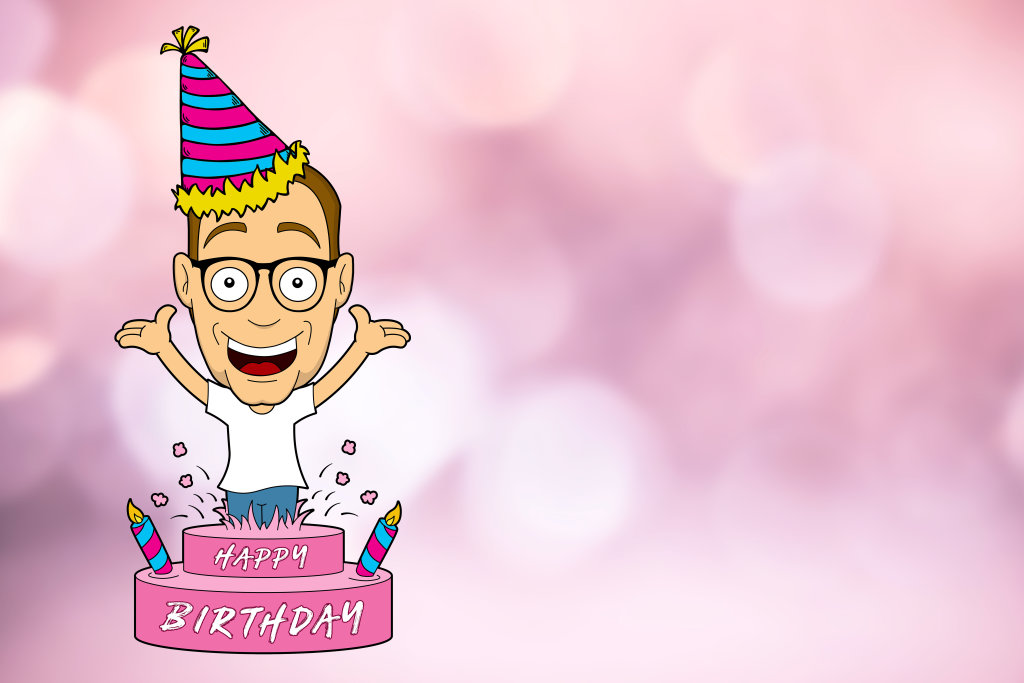 Happy Birthday - Mann springt aus Torte (Grafik)