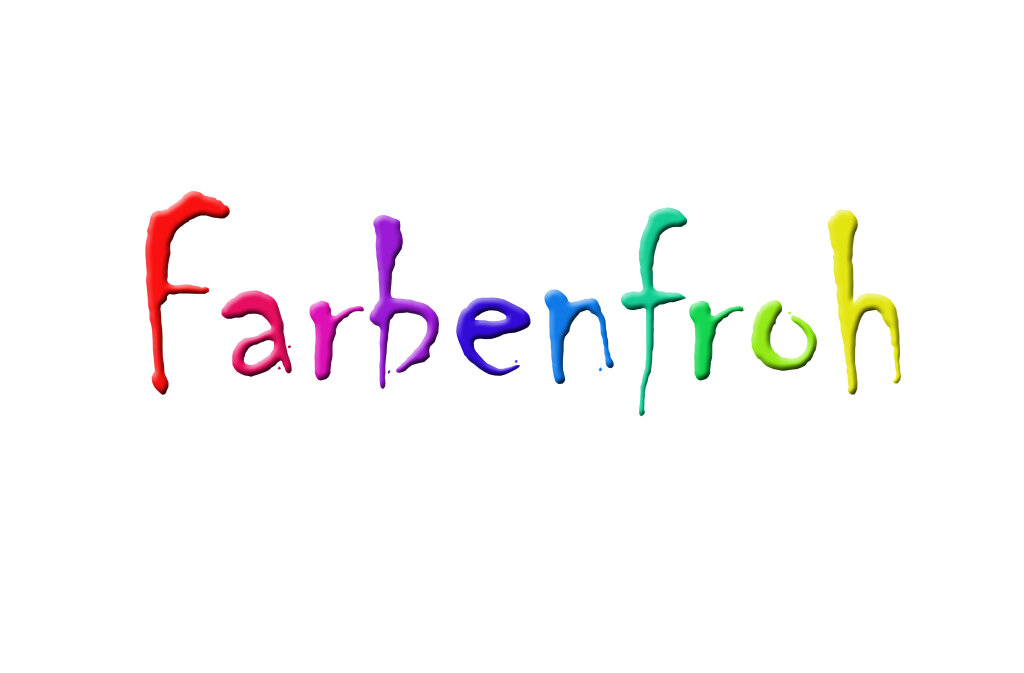 Farbenfroh – Schriftzug auf weißem Hintergrund.