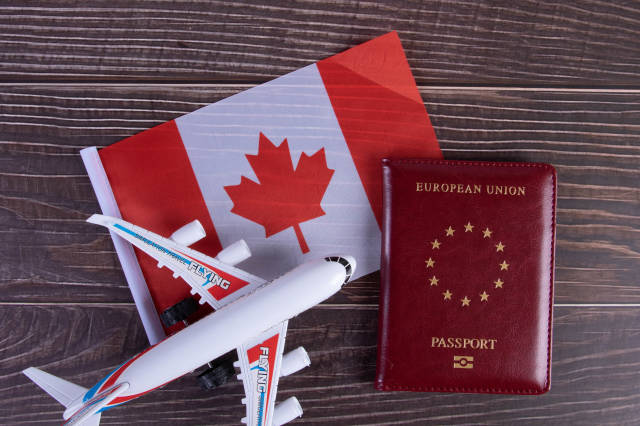 Passport, miniature airplane and flag of Canada on wooden table