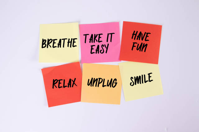 Breathe, Take it Easy, Have Fun, relax, Unplug, Smile - sticky notes set