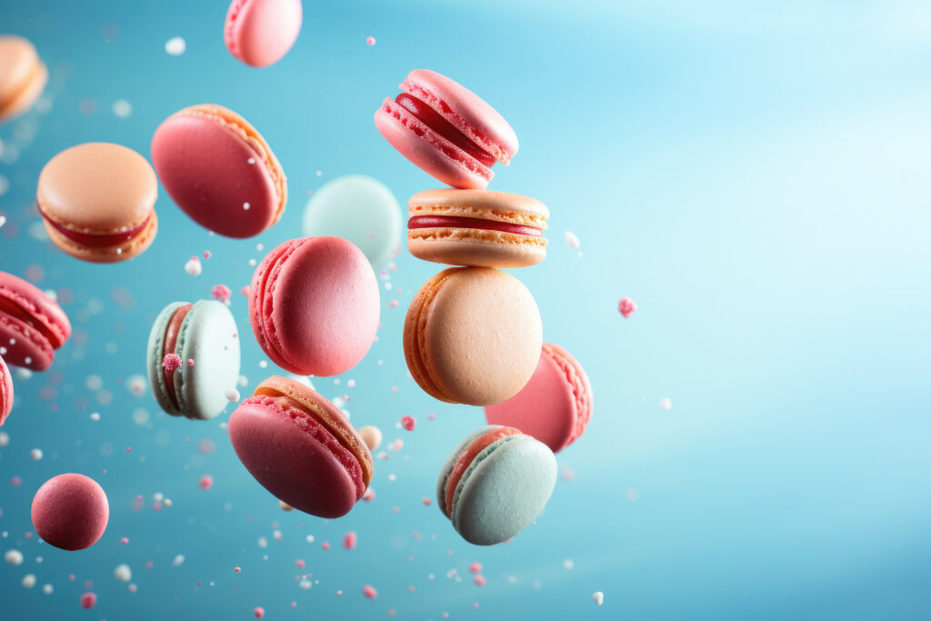 fliegende Macarons auf blauen Hintergrund