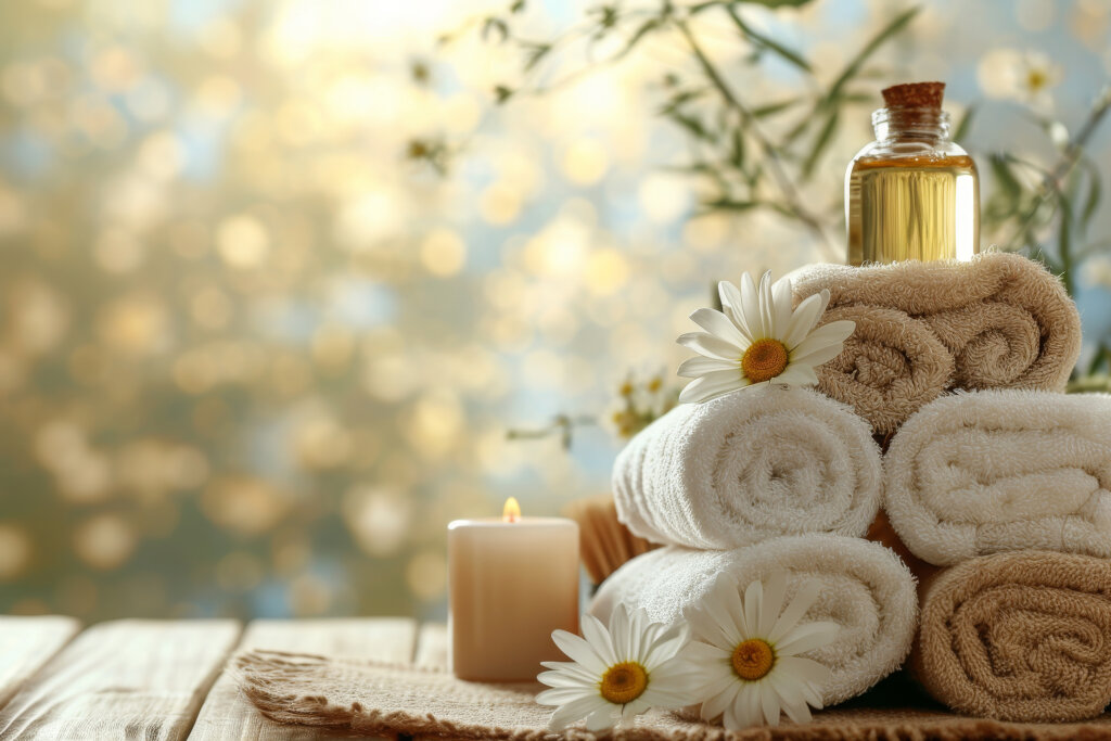 Handtücher mit Massageöl und Blüten