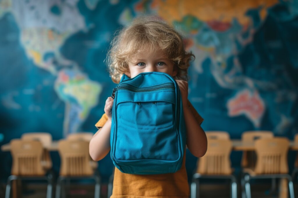 Kind hält Rucksack vors Gesicht
