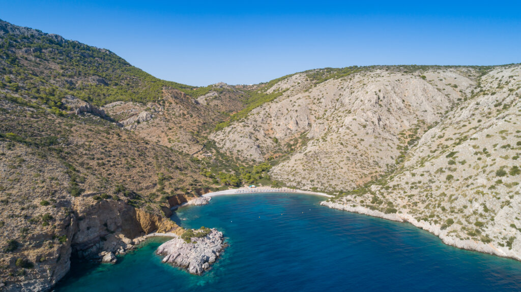 Aerial view of Nikolaos Beach and Bay Hydra