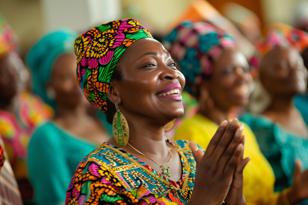 Fröhliche afrikanische Frau in traditioneller Kleidung