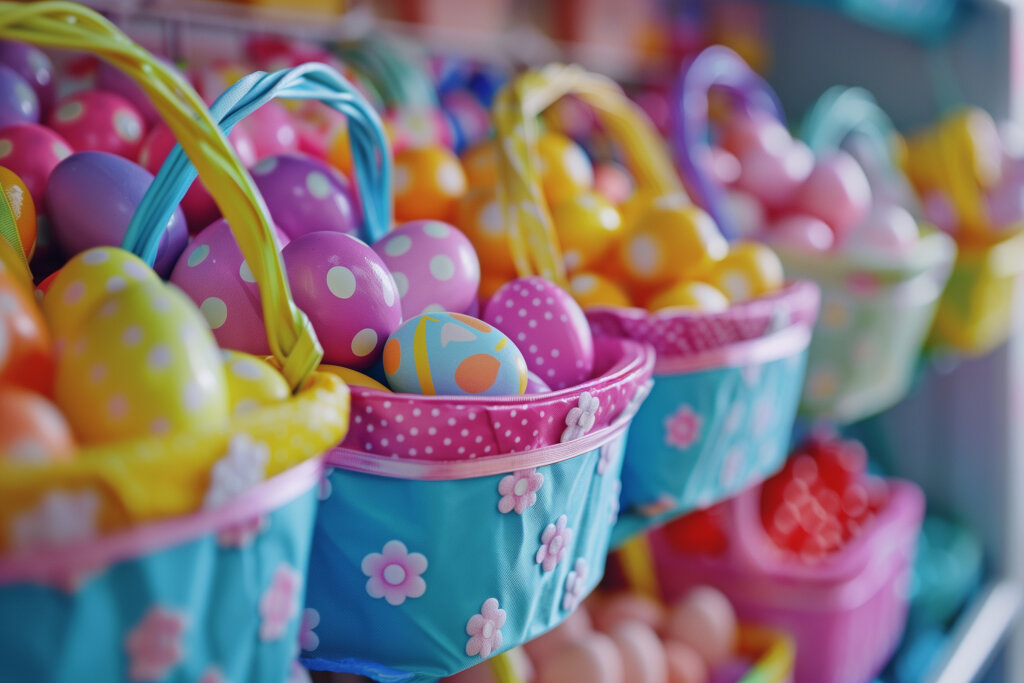 Bunte Osterkörbchen voller dekorierter Eier