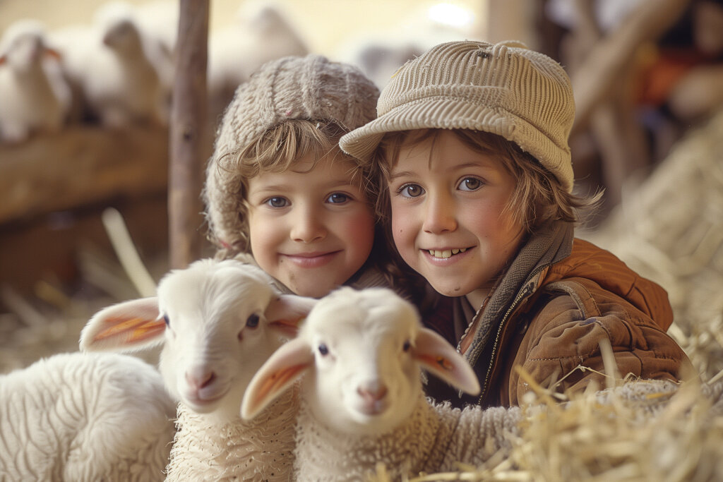 Kinder auf dem Bauernhof mit süßen Lämmern: Frohe Ostern