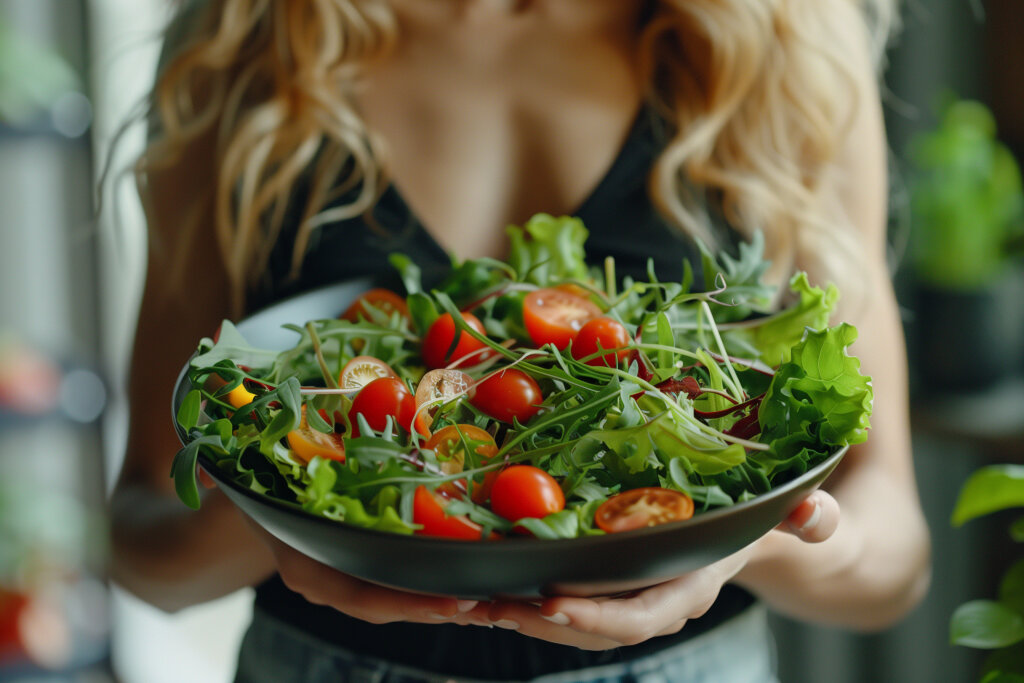 Frischer Salat in den Händen einer jungen Frau