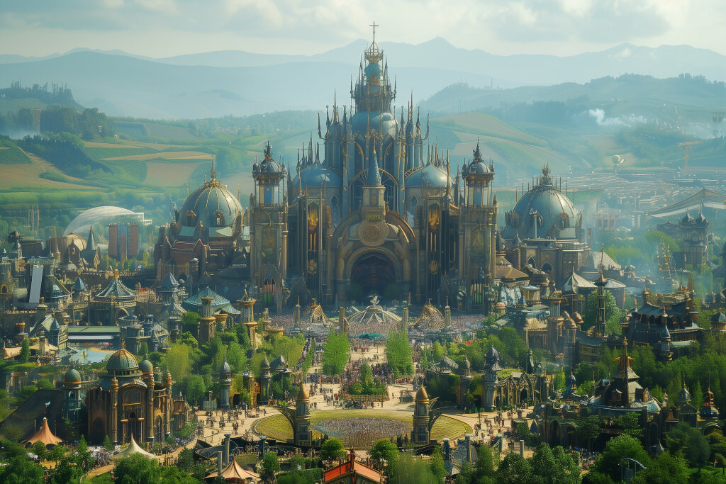 Tomorrowland: Fantastische Stadtansicht mit futuristischen Gebäuden
