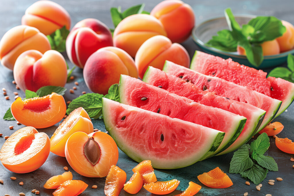 Frische Sommerfrüchte mit Wassermelone und Aprikosen