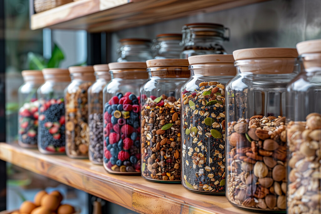Gesunde Snacks in Glasbehältern für eine bessere Ernährung