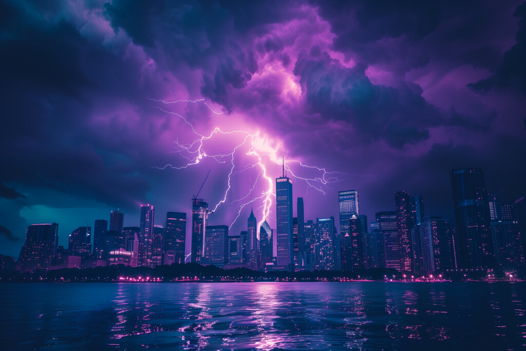 Gewitter über der Skyline einer Großstadt bei Nacht