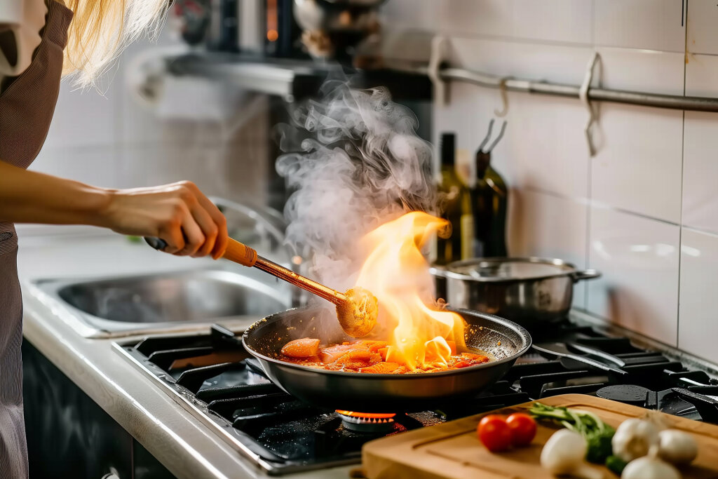 Person kocht mit Flamme in der Pfanne