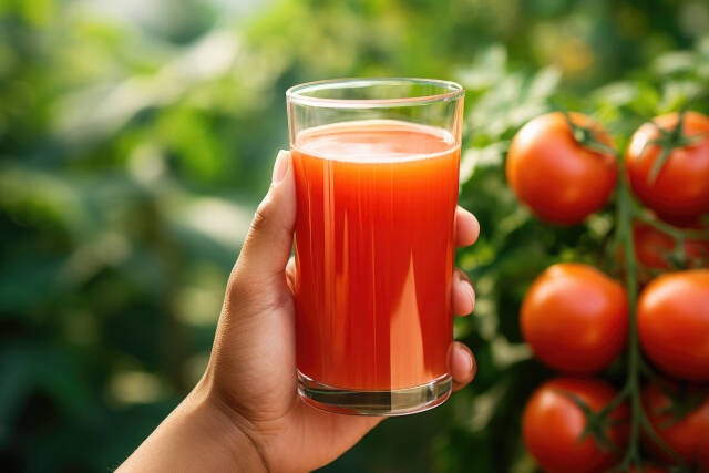 Glas mit Tomatensaft in der Hand