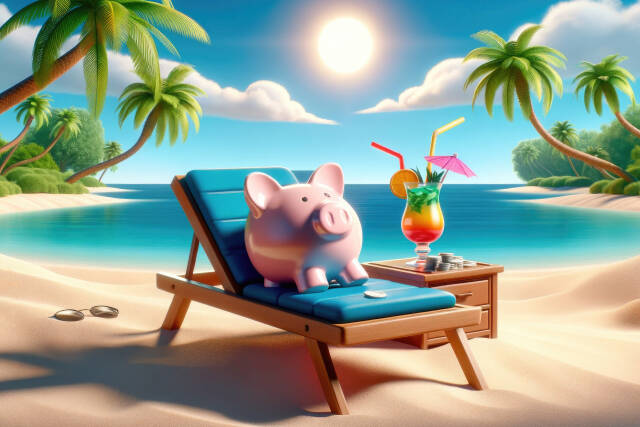 Sparschwein mit Cocktail am Strand
