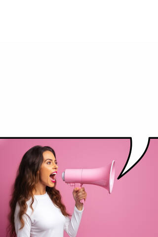 Frau mit rosa Megaphone und Sprechblase