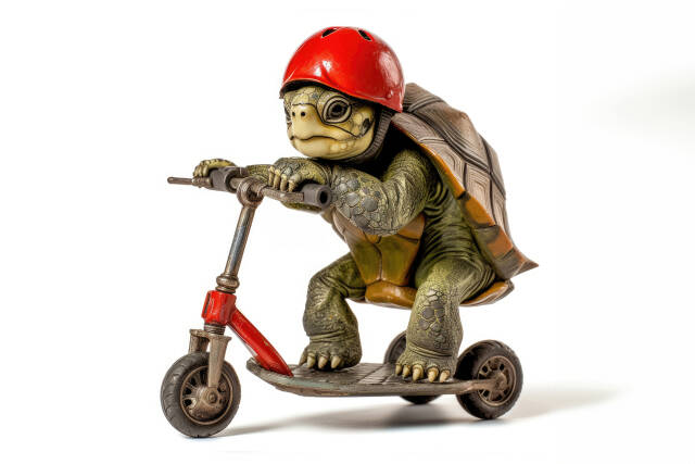 Schildkröte mit Helm auf Roller