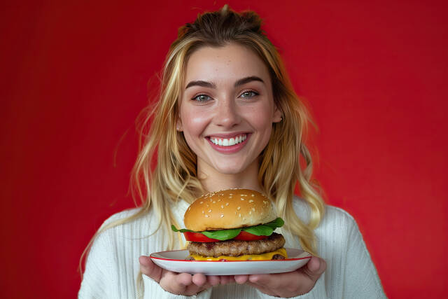Frau freut sich auf Burger