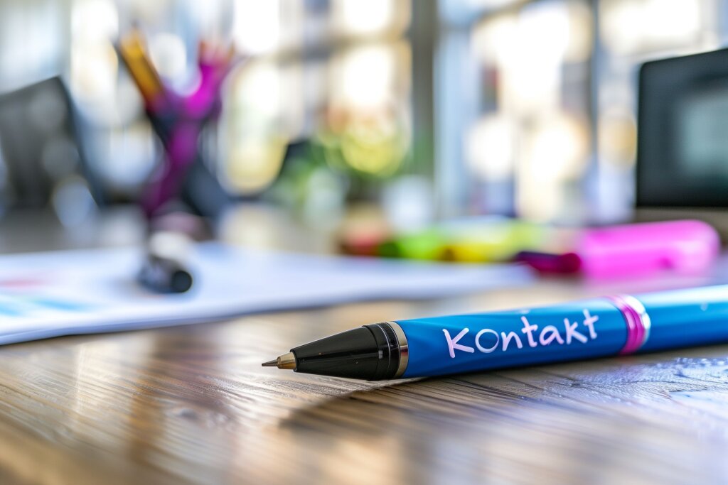 Kugelschreiber auf einem Schreibtisch mit dem Wort Kontakt im Büro