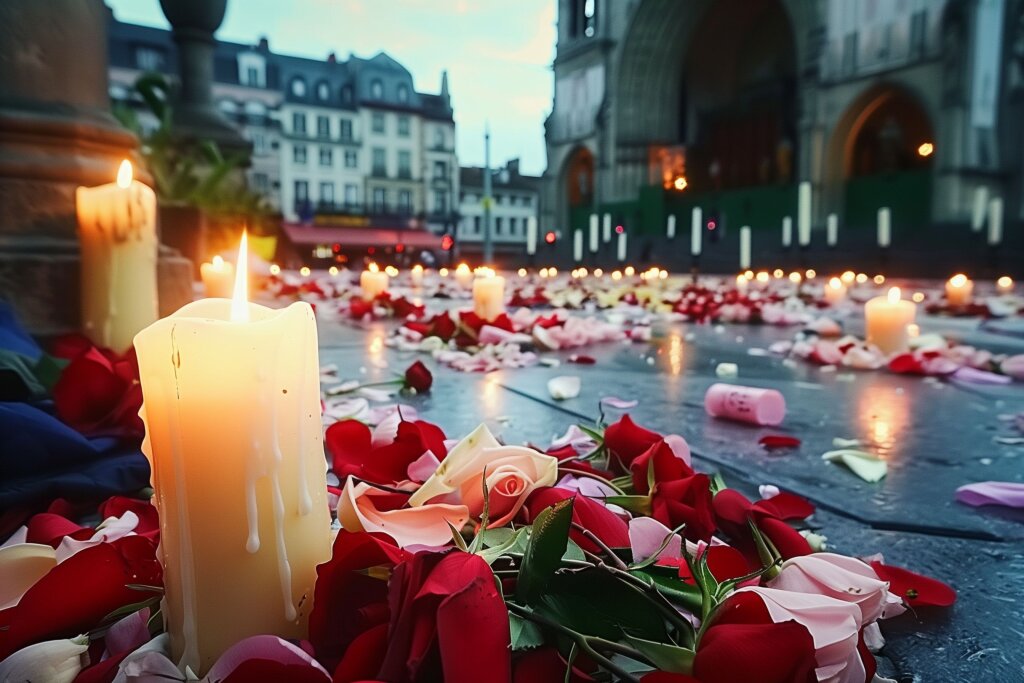 Kerzen und Rosen als Zeichen der Trauer und Erinnerung vor einer Kirche