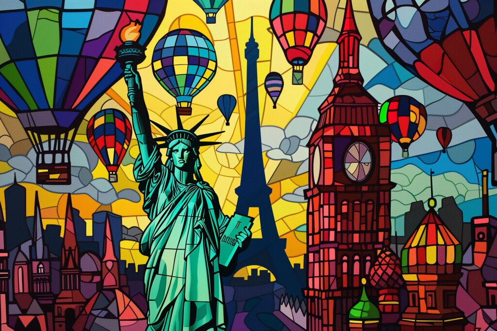 Buntes Glasfenster mit Freiheitsstatue, dem Eiffelturm und Big Ben