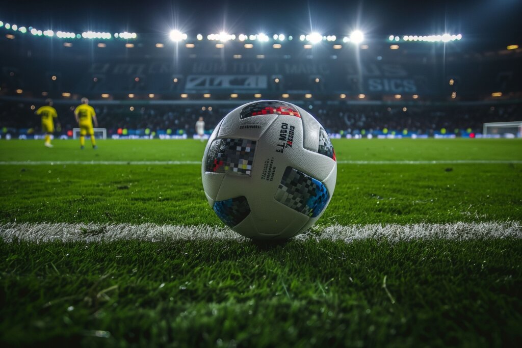 Fußball im Stadion bei Nacht - Ball auf dem Spielfeld vor dem Anstoß