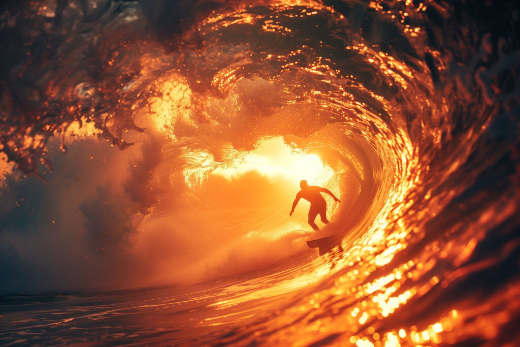 Mann surft in roter Welle bei Sonnenuntergang