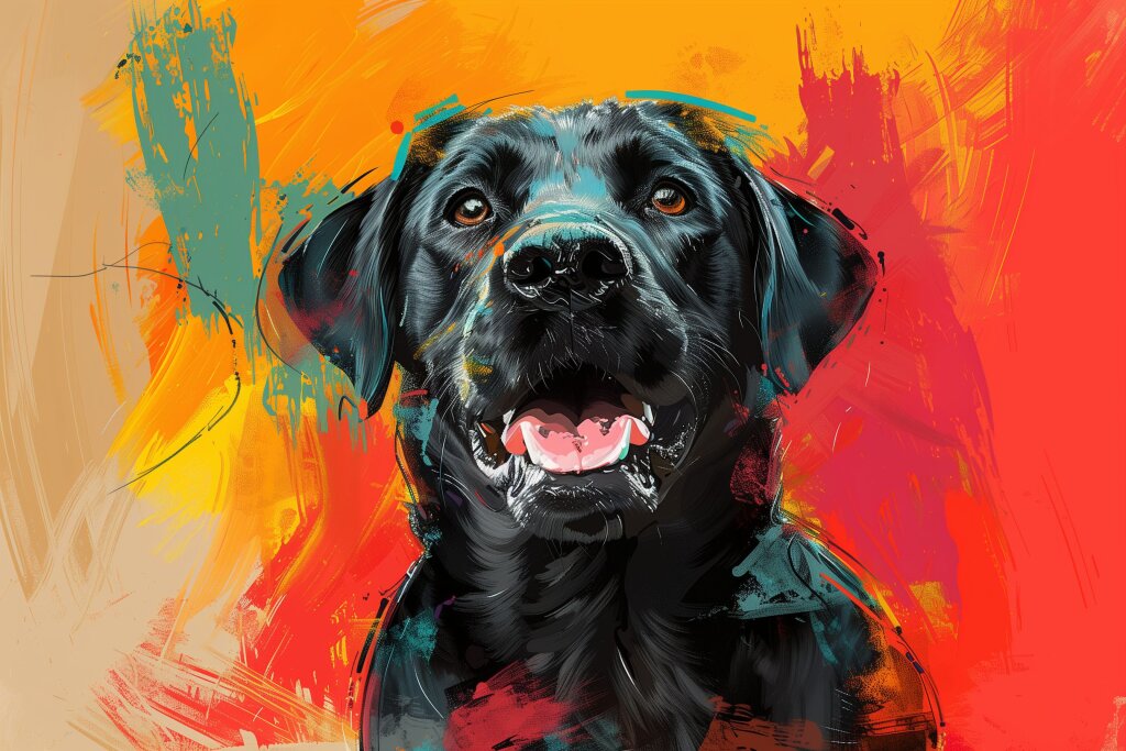Realistische Zeichnung eines schwarzen Labradors im bunten Stil