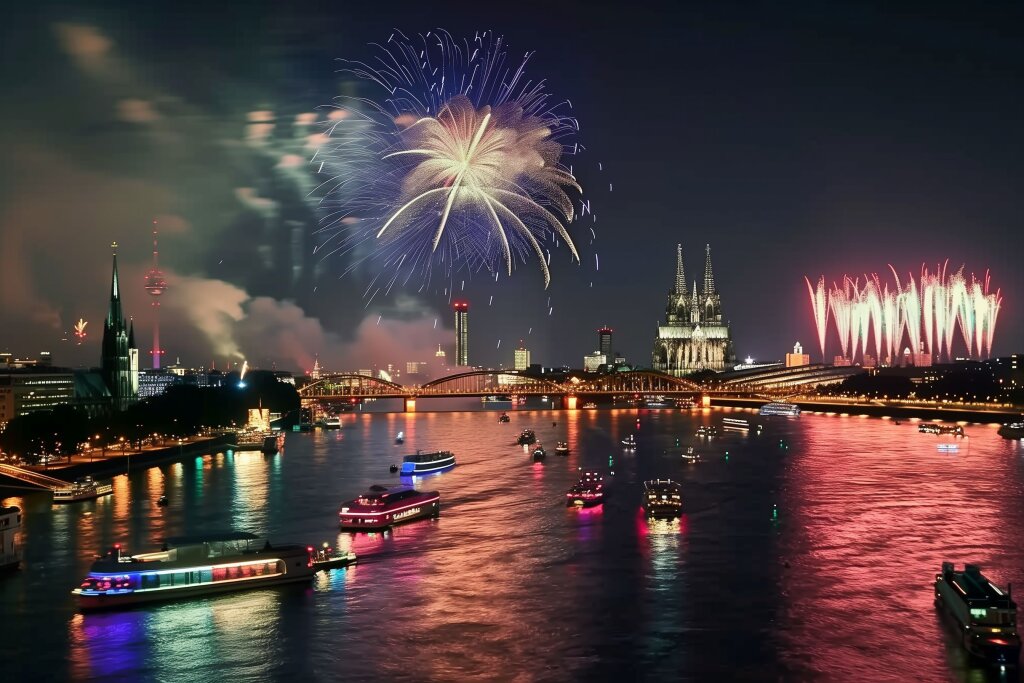 Feuerwerk wie bei Kölner Lichter am Rhein bei Nacht in Köln