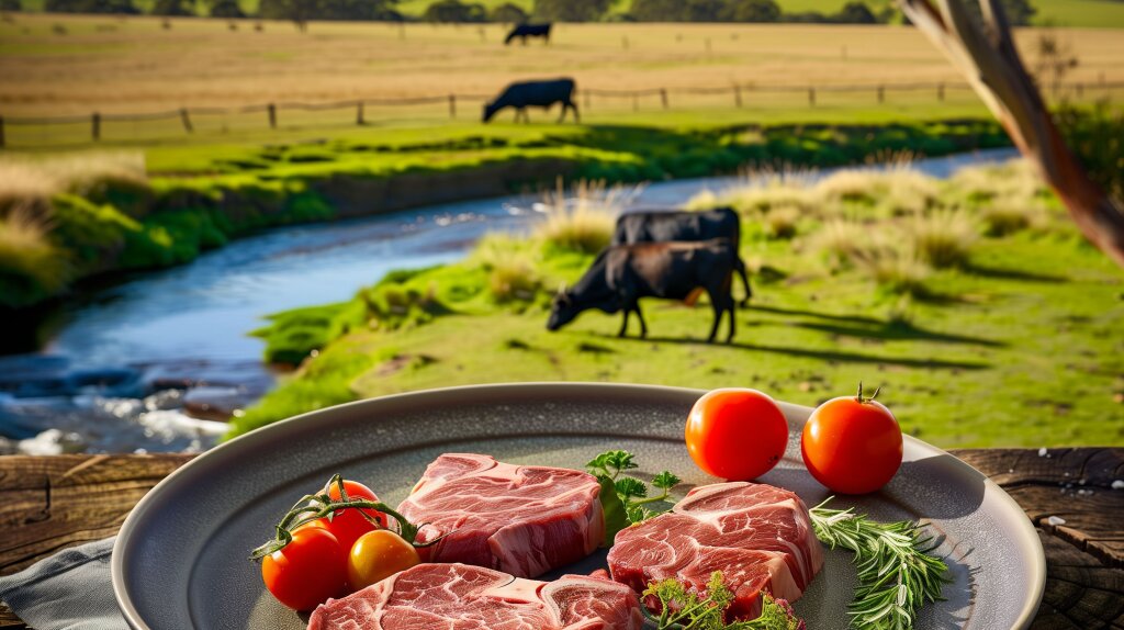 Australisches Rindfleisch mit Tomaten auf grüner Weide