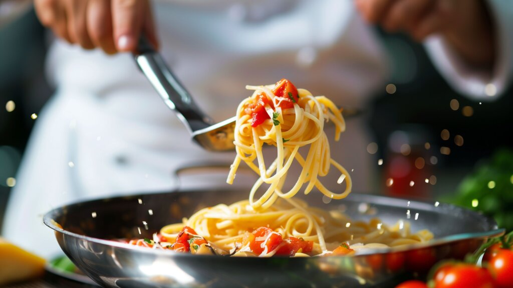 Italienischer Koch wirft frische Pasta in der Pfanne