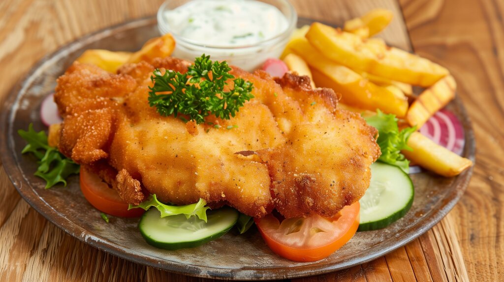 Knuspriges Schnitzel mit Pommes und Salat