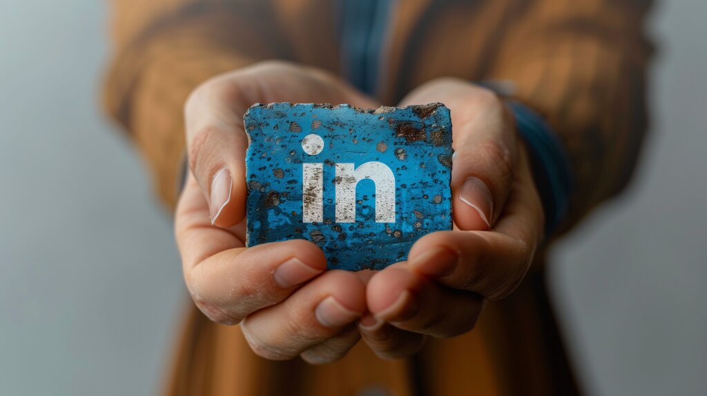 Hand hält verwittertes LinkedIn-Logo