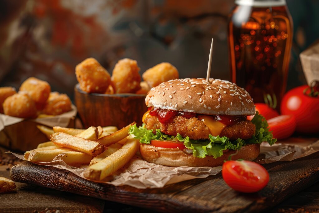 Chickenburger mit Pommes