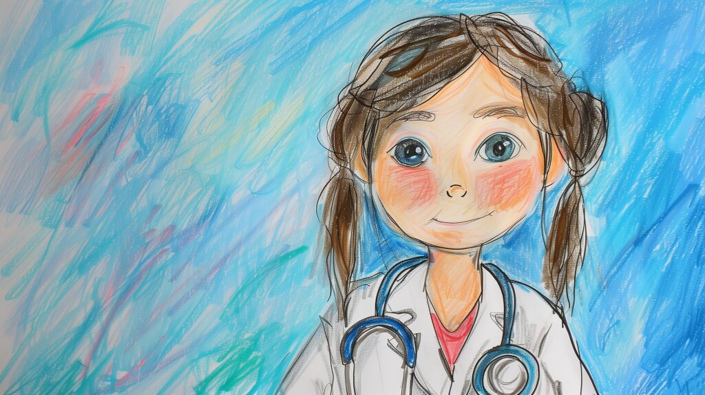 Kinderzeichnung: Mädchen als Ärztin mit Stethoskop