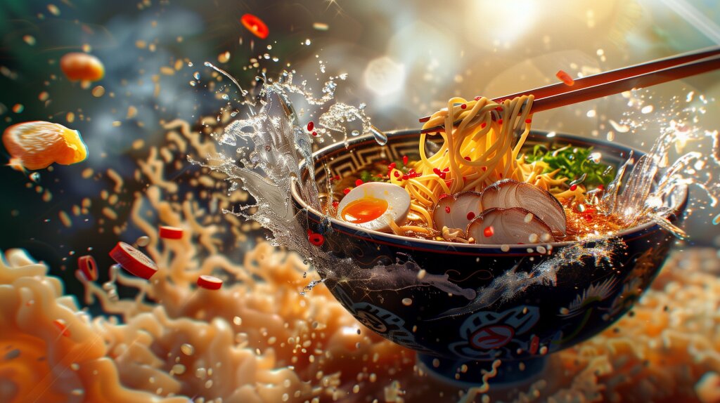 Dynamisches Ramen-Gericht mit Nudeln und Eiern in Tonkotsu Brühe