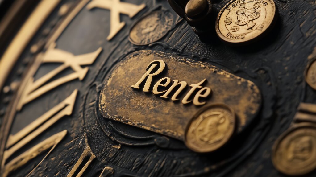 Rente - Uhr mit Münzen und Rentenlabel
