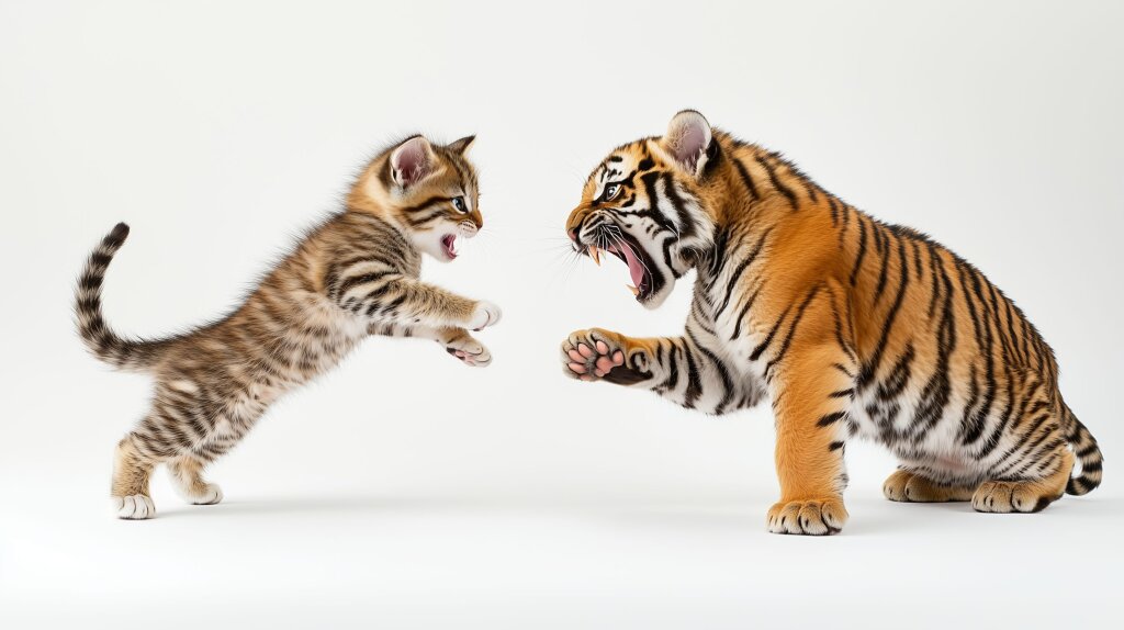 Spielende Katze und Tigerjunges – Ein lustiges Duell