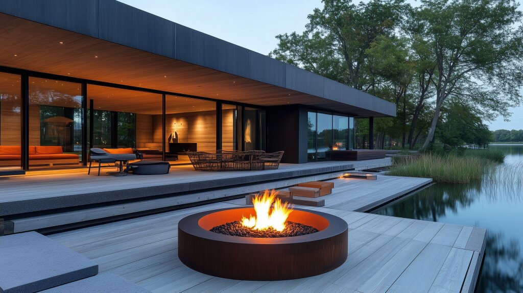 Modernes Seeblickhaus mit Terrasse und Feuerstelle