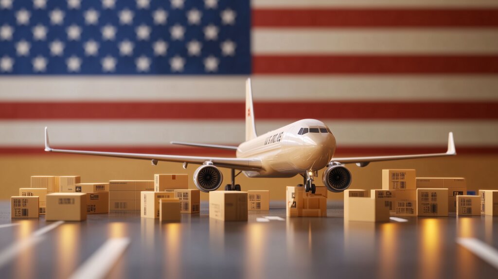 Frachtflugzeug mit Versandboxen vor amerikanischer Flagge
