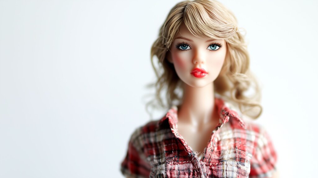 Taylor Swift als Puppe mit blondem Haar auf weißem Hintergrund