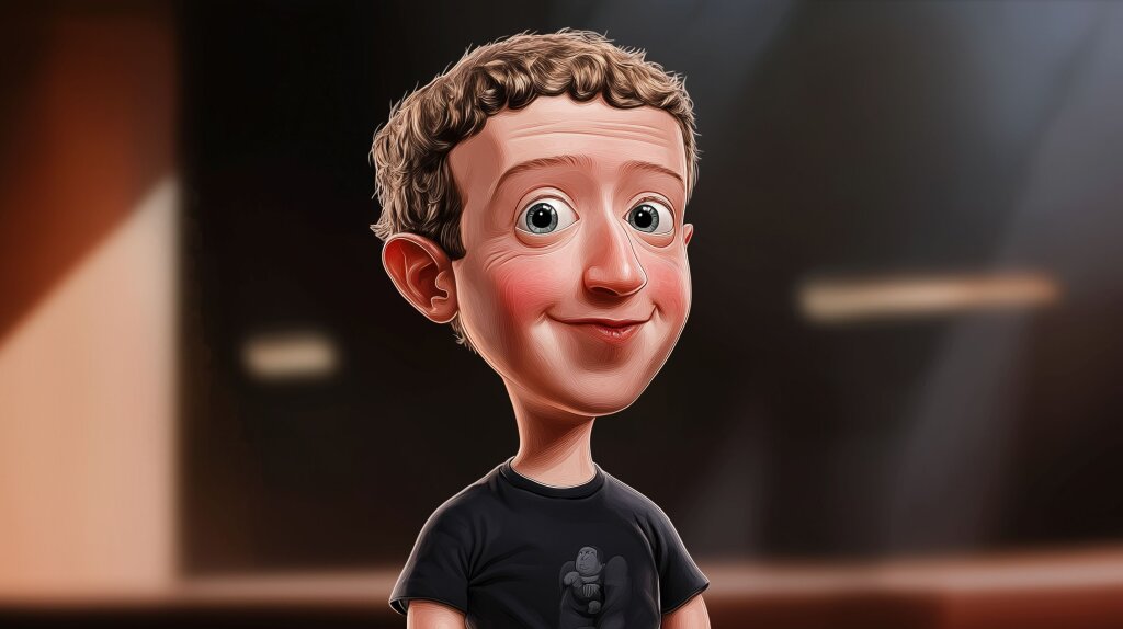Mark Zuckerberg als Miniatur-Cartoon-Figur im schwarzen Shirt