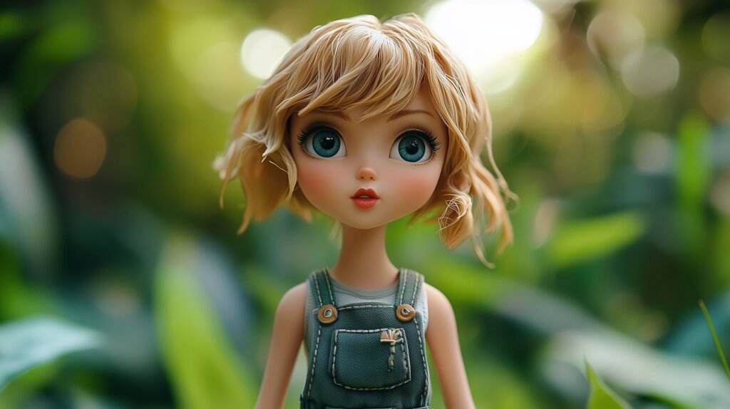 Taylor Swift als Miniatur-Cartoon-Figur mit blonden Locken und grüner Latzhose