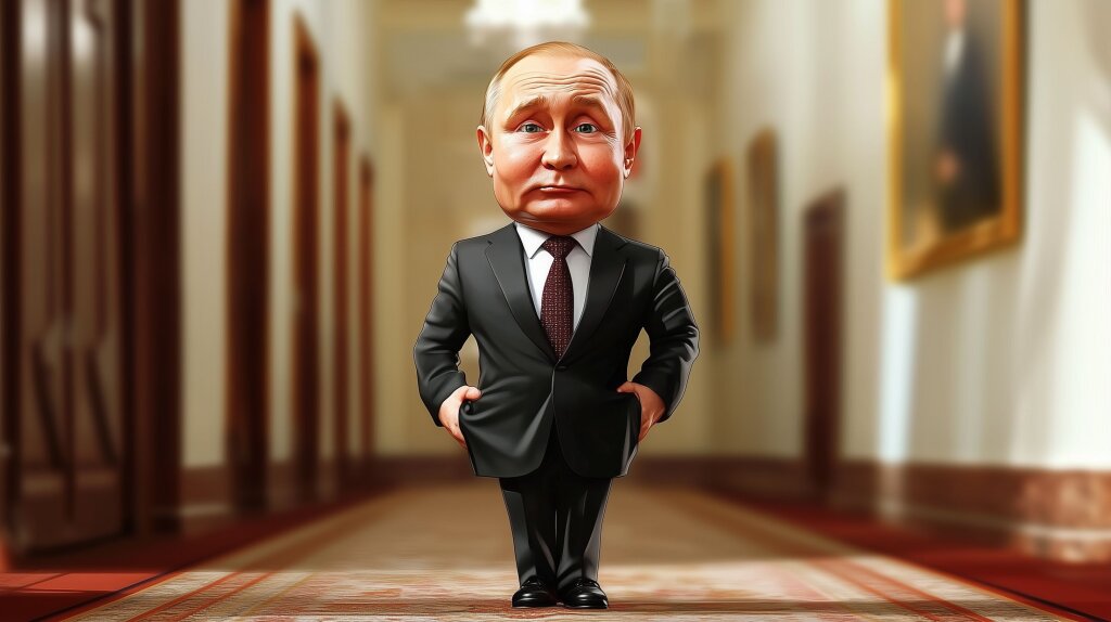 Wladimir  Putin als Miniatur-Cartoon-Figur in Anzug mit entschlossenem Blick